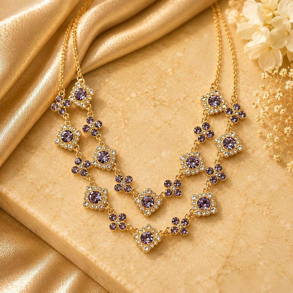 Vintage Monet Purple Crystal Double Strand‎ Necklace Sample OOAK Gold Tone